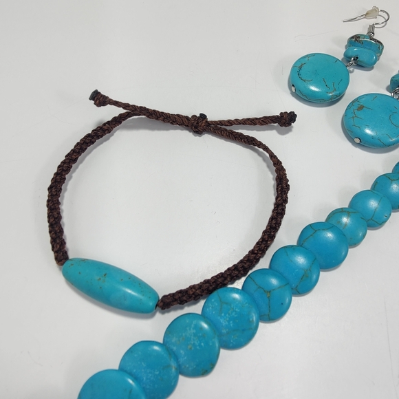 Vintage Howlite Jewelry Set Necklace Bracelet Earrings 3pc Boho - Picture 2 of 14